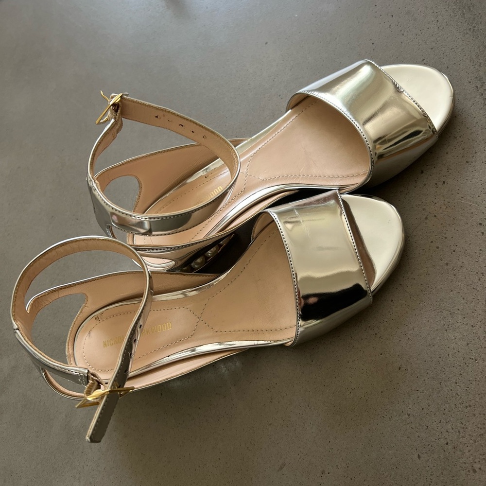 NICHOLAS Silver Strappy Sandals with Adjustable Ankle Strap
